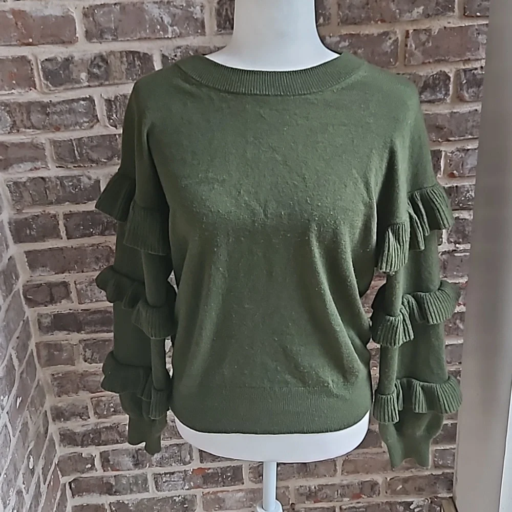 J. Crew Black Label Wool Ruffle Sleeve Green Sweater